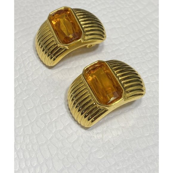 VTG 80'S DAVID GRAU COUTURE AMBER CRYSTAL DECO STYLE CLIP EARRINGS GOLD RIBBED - Picture 4 of 7